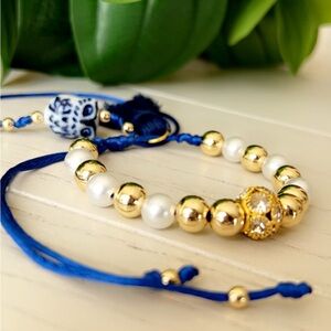 Gold and Blue Beaded Bracelet with Owl Charm